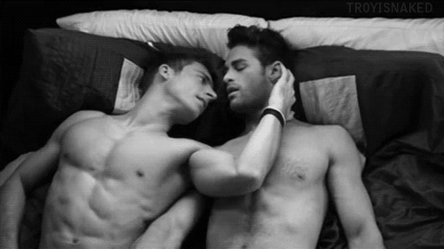 two gays in bed, foreplay, handjob